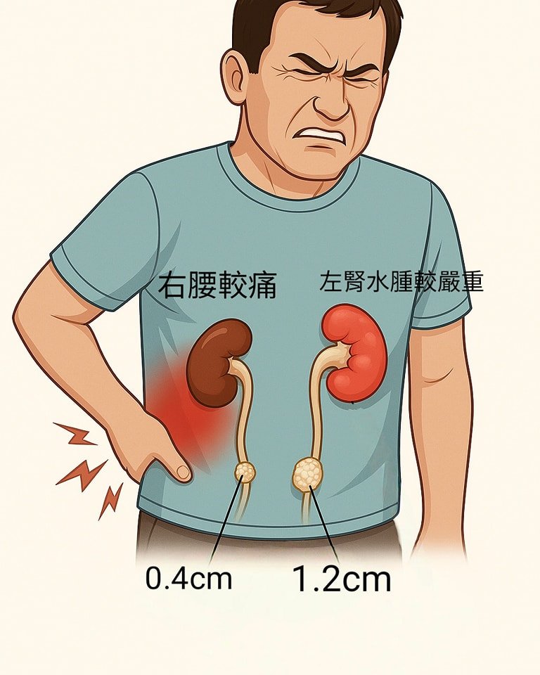示意圖：一位男性皺眉按著右腰，衣服上畫出兩側腎臟與輸尿管，右側標示「右腰較痛」、輸尿管上的結石標 0.4 公分並以紅色表示疼痛；左側標示「左腎水腫較嚴重」，輸尿管上的結石標 1.2 公分卻沒有疼痛標記