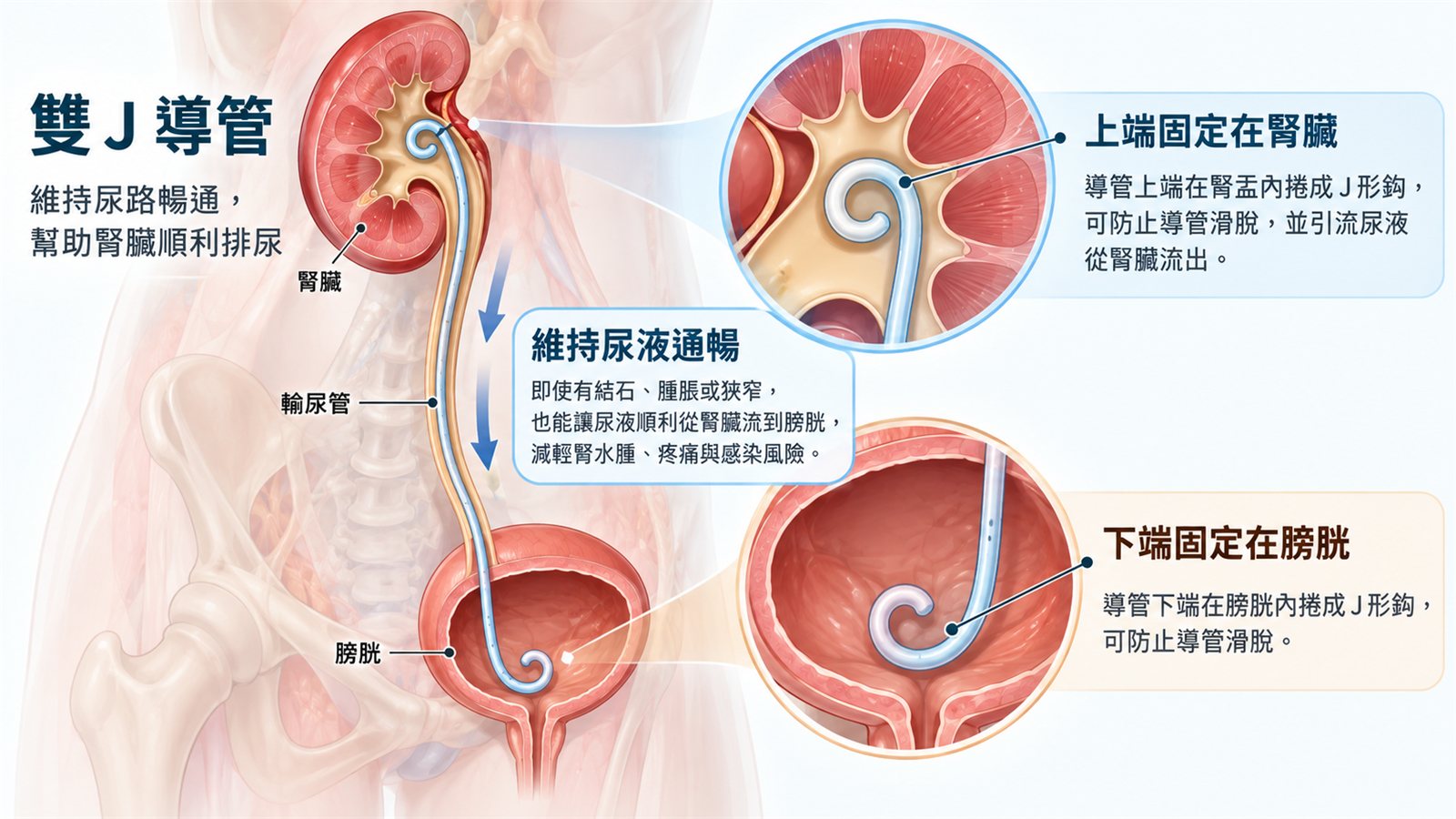 雙 J 導管的位置示意圖：一條細軟的管子從腎盂沿輸尿管通到膀胱，上端在腎盂內捲成 J 形鉤、下端在膀胱內捲成 J 形鉤，兩處各有放大圖，並標示導管可讓尿液從腎臟順利流到膀胱