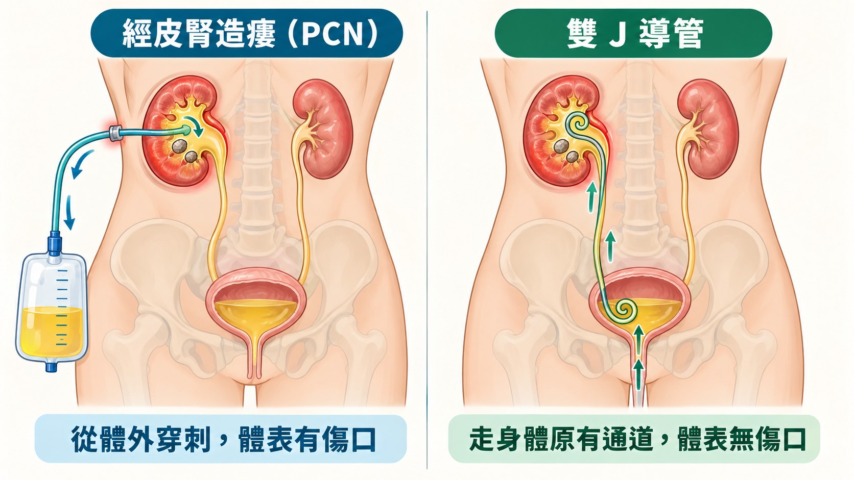 左右並排的兩張人體軀幹剖面示意圖。左側標題「經皮腎造瘻（PCN）」，一根管子從腰背部穿過皮膚直接插入左腎，體外接著一個引流袋，下方註記「從體外穿刺，體表有傷口」；右側標題「雙 J 導管」，一根管子從尿道經膀胱沿輸尿管上行進入左腎，兩端各捲成 J 形，下方註記「走身體原有通道，體表無傷口」