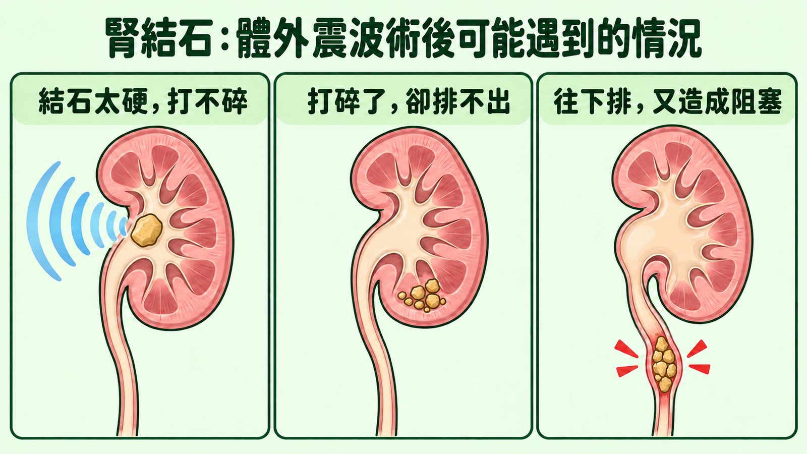 腎結石體外震波術後三種可能情況的示意圖：左格結石太硬、震波打不碎；中格結石打碎了，碎粒卻堆在腎臟下方排不出來；右格碎粒往下排進輸尿管，在中段造成阻塞