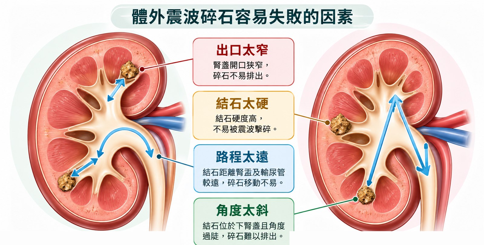 兩顆腎臟剖面示意圖，標示體外震波碎石容易失敗的四個因素：出口太窄（腎盞開口狹窄）、結石太硬、路程太遠、角度太斜（結石位於下腎盞）