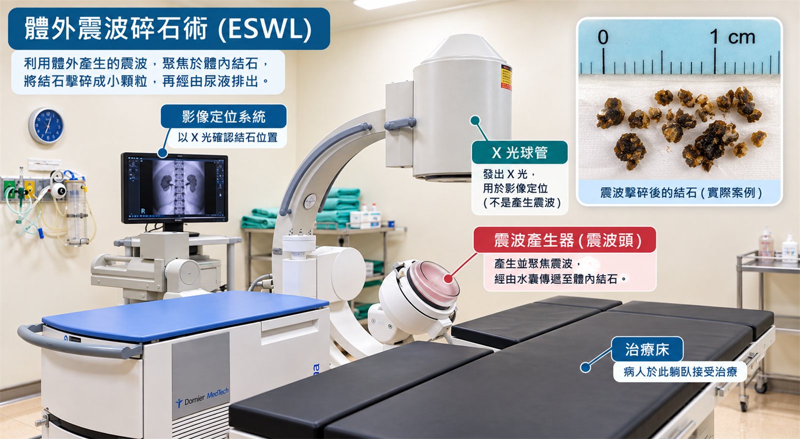 體外震波碎石治療室的實景照片，標示影像定位系統、X 光球管、震波產生器（震波頭）與治療床，右上角另有一張實際案例照片，是震波擊碎後排出的結石碎粒放在刻度尺旁對照