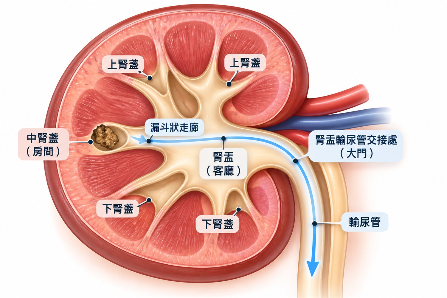 腎臟剖面解剖圖，標示上腎盞、中腎盞（房間）、下腎盞、漏斗狀走廊、腎盂（客廳）、腎盂輸尿管交接處（大門）與輸尿管，箭頭顯示結石排出要走的路線