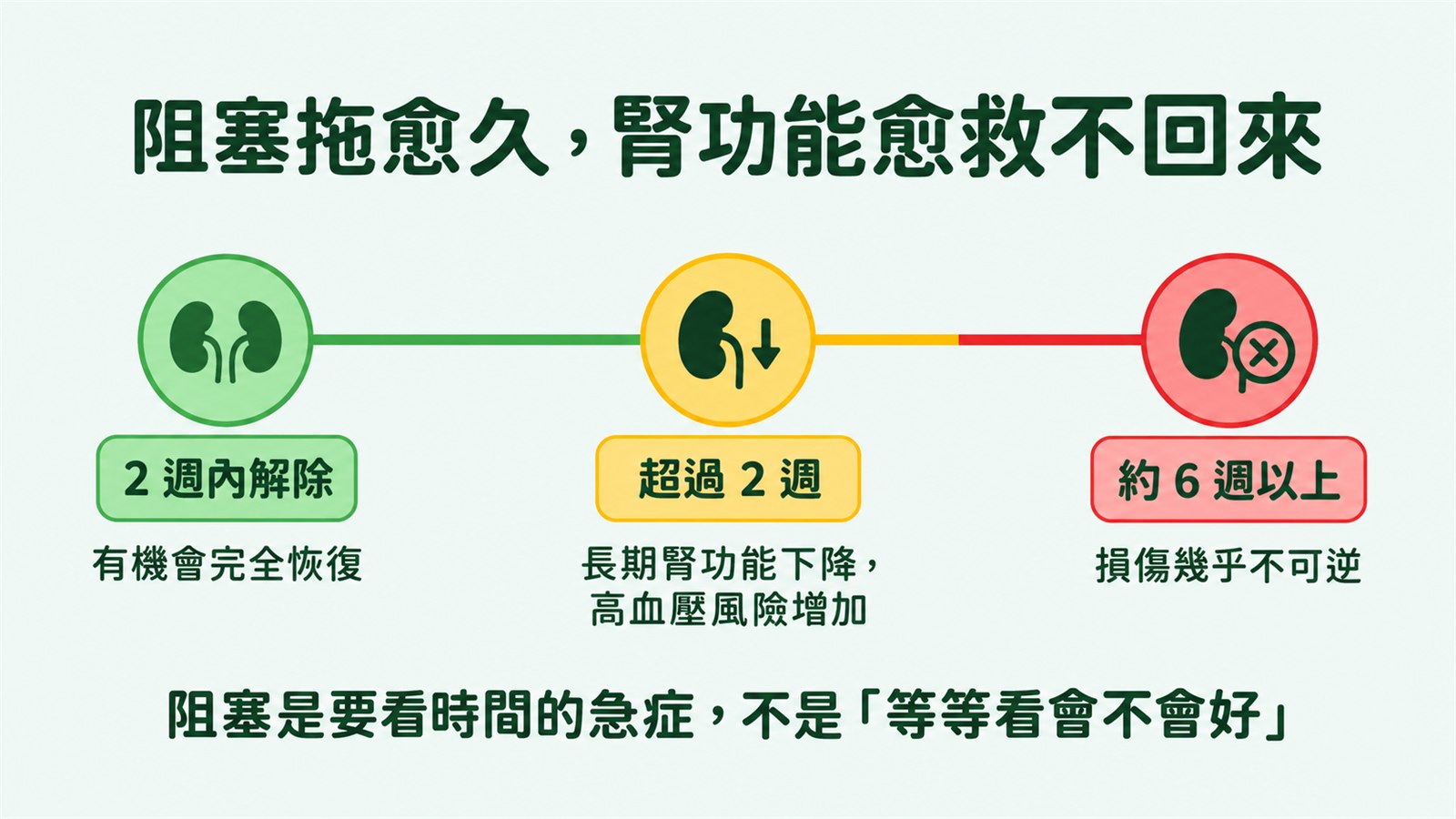 三階段示意圖：2 週內解除阻塞，有機會完全恢復（綠色）；超過 2 週，長期腎功能下降、高血壓風險增加（黃色）；約 6 週以上，損傷幾乎不可逆（紅色）