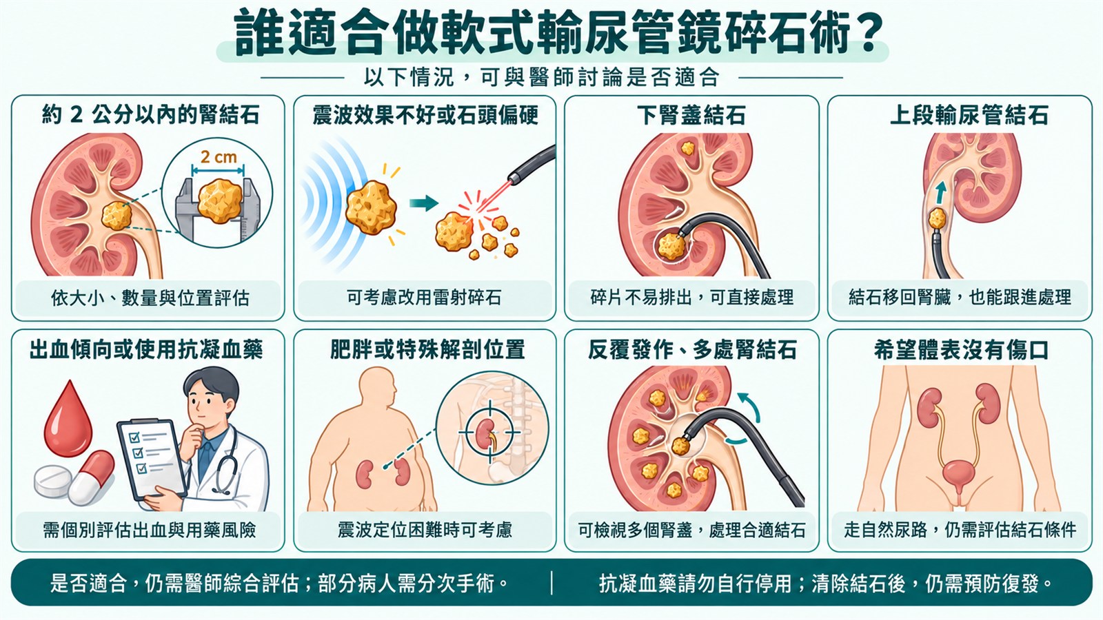 八格示意圖「誰適合做軟式輸尿管鏡碎石術？」，依序為：約 2 公分以內的腎結石、震波效果不好或石頭偏硬、下腎盞結石、上段輸尿管結石、出血傾向或使用抗凝血藥、肥胖或特殊解剖位置、反覆發作與多處腎結石、希望體表沒有傷口；下方註明是否適合仍需醫師綜合評估