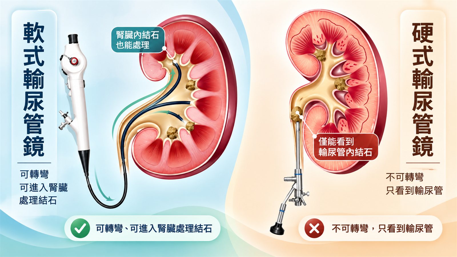 軟式與硬式輸尿管鏡的對照圖：左側軟式鏡的前端彎曲後伸進腎盞，標示「腎臟內結石也能處理」；右側硬式鏡是直的，只到輸尿管，標示「僅能看到輸尿管內結石」