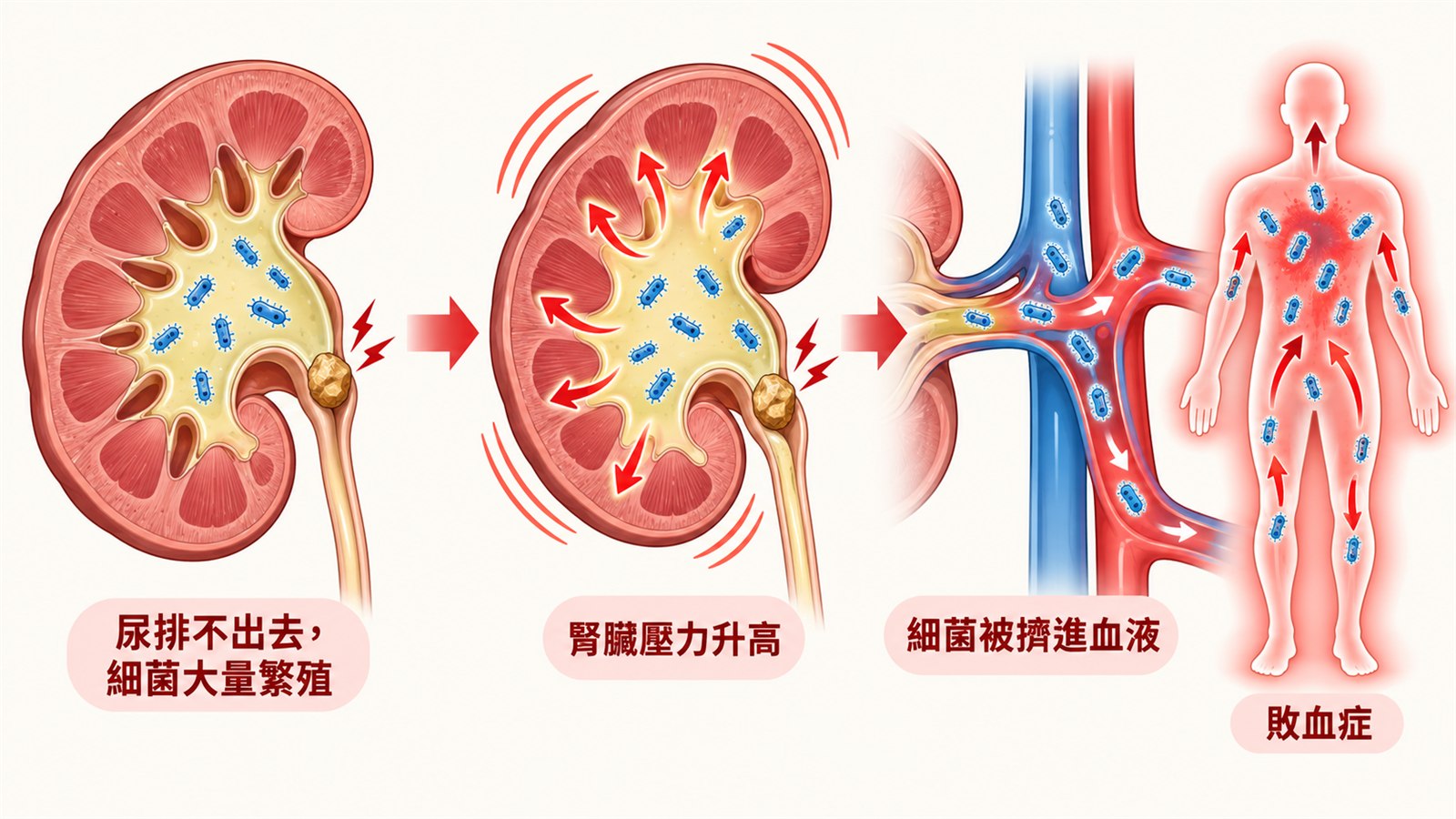 四格示意圖：第一格腎臟剖面，輸尿管出口卡著一顆結石，腎盂內散布細菌，標示「尿排不出去，細菌大量繁殖」；第二格同一顆腎臟向外膨脹、箭頭表示壓力升高，標示「腎臟壓力升高」；第三格細菌從腎臟進入旁邊的動靜脈，標示「細菌被擠進血液」；第四格人體全身泛紅、細菌散布全身，標示「敗血症」