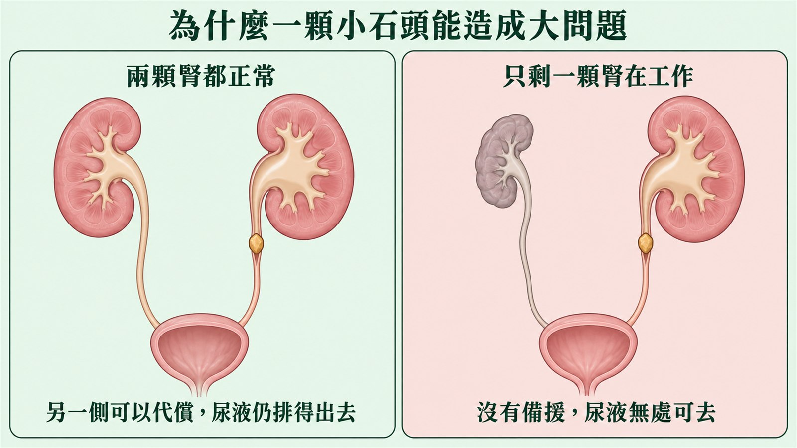 左右對照示意圖：左側「兩顆腎都正常」，一側輸尿管被結石堵住，但另一側仍正常運作，尿液排得出去；右側「只剩一顆腎在工作」，一顆腎已萎縮呈灰色，唯一運作的那顆輸尿管被結石堵住，尿液無處可去