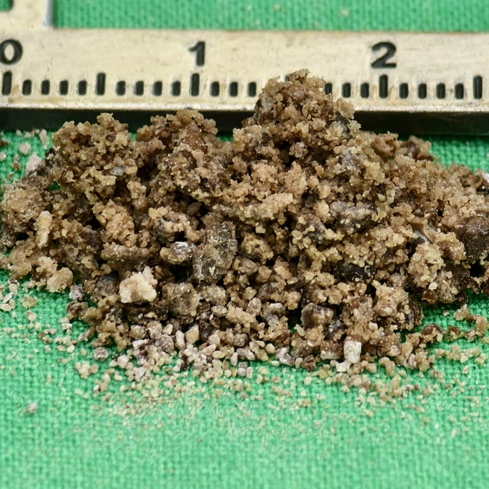 綠色手術鋪單上一堆深褐色、像粗砂一樣的碎石，後面一把卡尺，刻度 0 到 3 公分