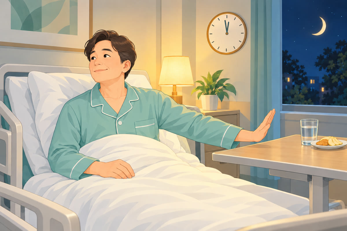 插畫：夜晚的病房，窗外有月亮，牆上的時鐘快到十二點；穿病人服的男性坐在病床上，微笑著伸出手掌比出不用了的手勢，床邊桌另一頭放著一杯水和一小盤點心