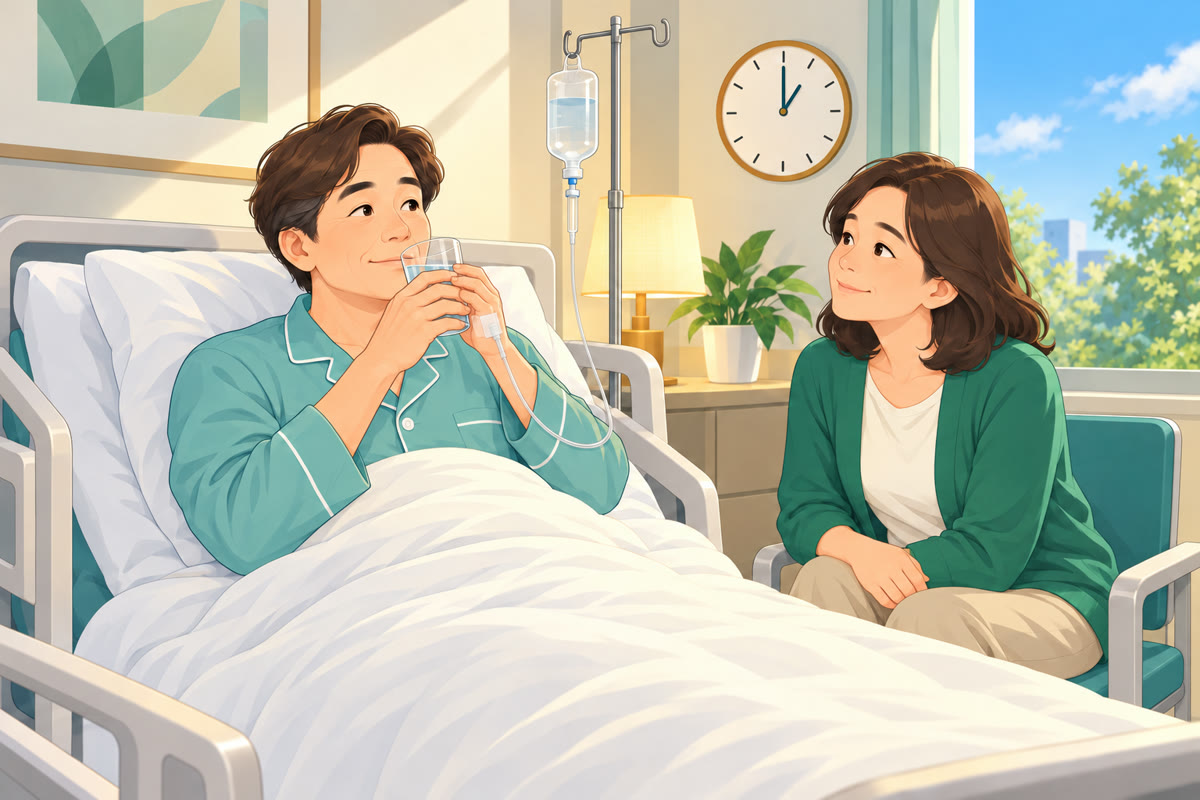 插畫：白天明亮的病房，男性病人半坐在病床上，手背接著點滴，雙手捧著一杯水小口喝；家人坐在床邊的椅子上微笑看著他，牆上時鐘大約下午一點