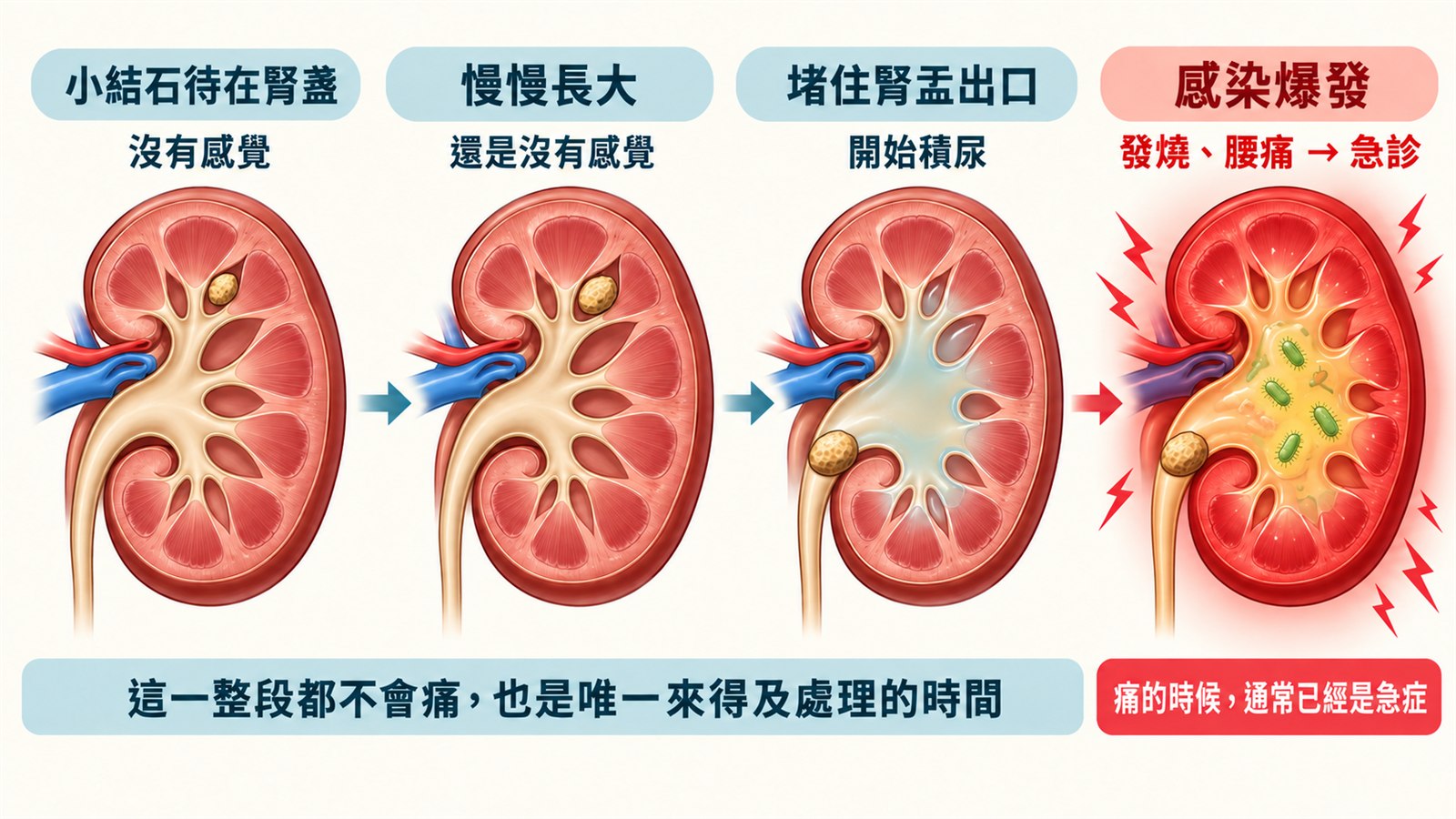 四格橫式示意圖，同一顆腎臟由左到右的四個階段：小結石待在腎盞標示「沒有感覺」、結石慢慢長大標示「還是沒有感覺」、結石堵住腎盂出口標示「開始積尿」、最後腎臟發炎泛紅並出現細菌標示「感染爆發、發燒腰痛要掛急診」；前三格下方有一條橫幅寫著「這一整段都不會痛，也是唯一來得及處理的時間」，第四格下方紅色橫幅寫著「痛的時候，通常已經是急症」