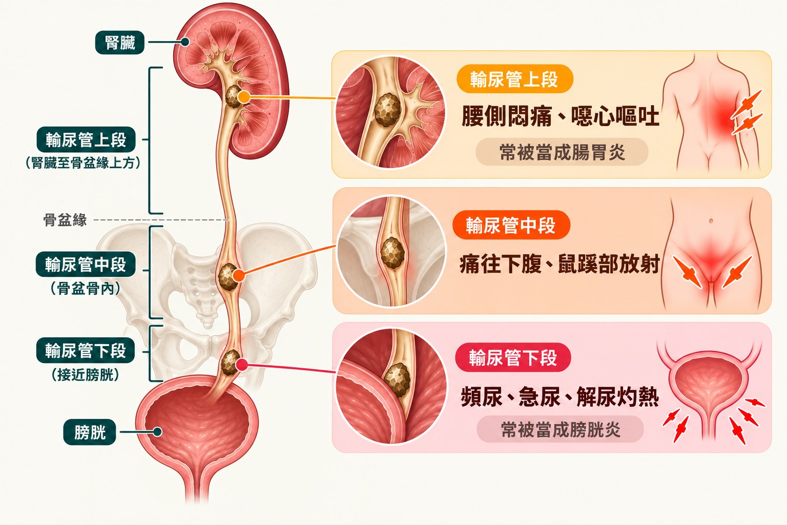 泌尿系統示意圖，輸尿管分成上段、中段、下段，各卡著一顆結石；右側三個對應的說明框分別是上段「腰側悶痛、噁心嘔吐」註明常被當成腸胃炎、中段「痛往下腹、鼠蹊部放射」、下段「頻尿、急尿、解尿灼熱」註明常被當成膀胱炎