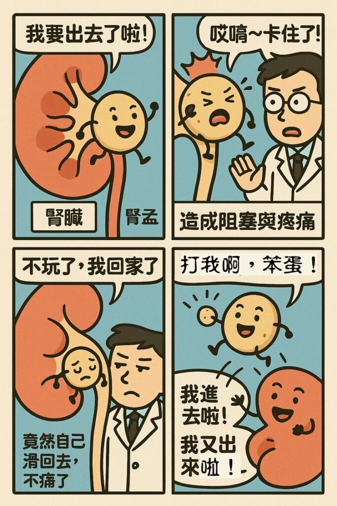 四格漫畫：擬人化的結石從腎臟溜進腎盂說「我要出去了啦」，卡在交界處造成阻塞與疼痛，接著說「不玩了，我回家了」自己滑回腎臟不痛了，最後對著醫師說「打我啊，笨蛋」