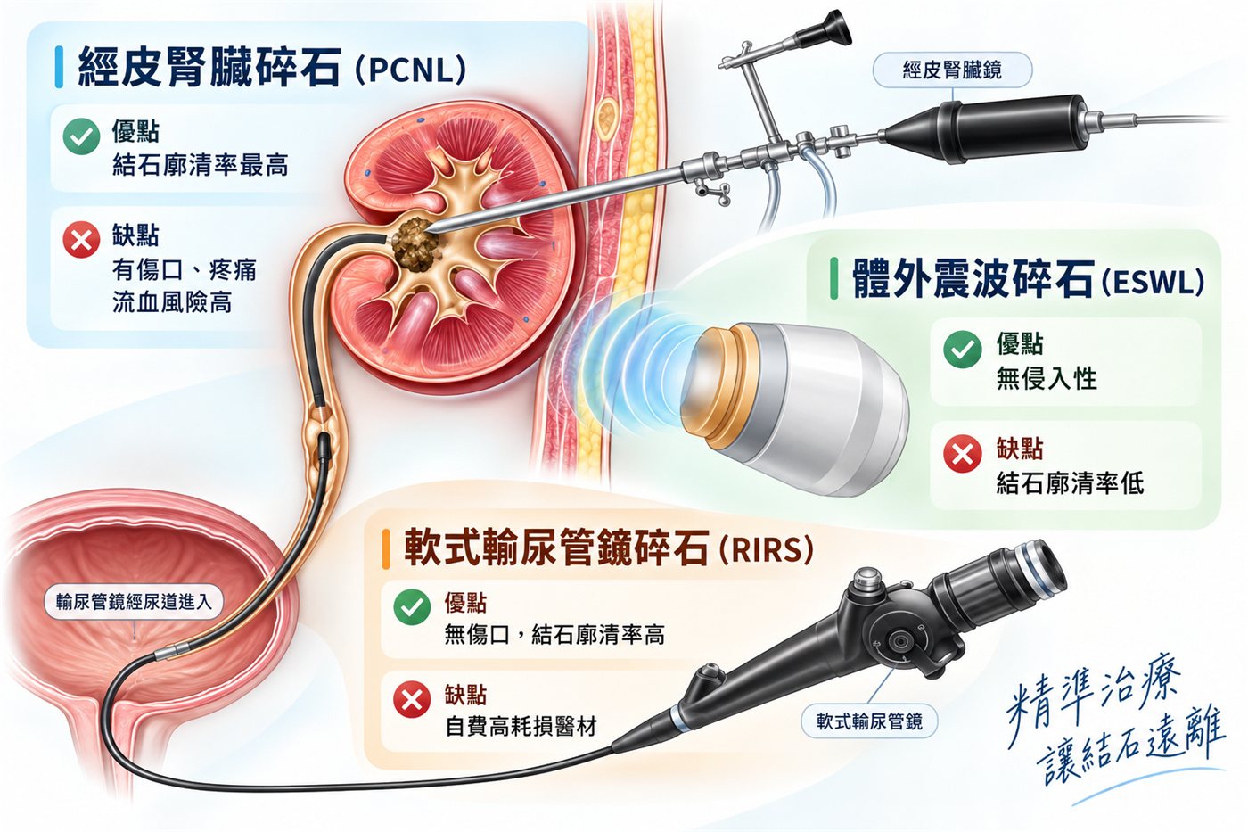 三種腎結石治療方式的路徑示意圖：經皮腎臟碎石（PCNL）從腰背部穿刺進入腎臟、體外震波碎石（ESWL）從體外發射震波、軟式輸尿管鏡碎石（RIRS）經尿道與膀胱進入，圖上並列出各自的優缺點